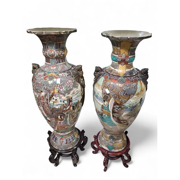 Large Pair of Vintage Japanese Satsuma-Style Floor Vases on Stands - Approx. Tall 38" Each