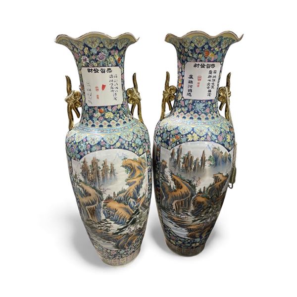 Huge Pair of Chinese Porcelain Vases with Floral and Landscape Motifs - Approx. Tall 62" Each