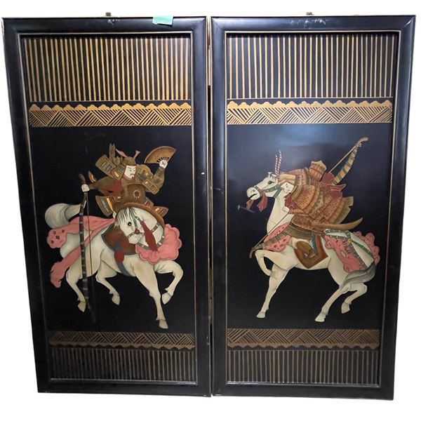 Pair of Asian Panels on Wood - Warriors on Horseback