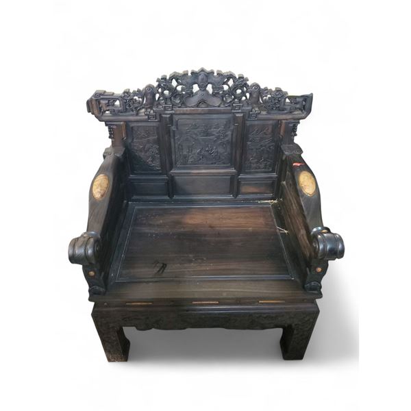 Chinese Hardwood “Landscape & Scholar” Armchair - Approx. H42" x W38.5" x D25.5"
