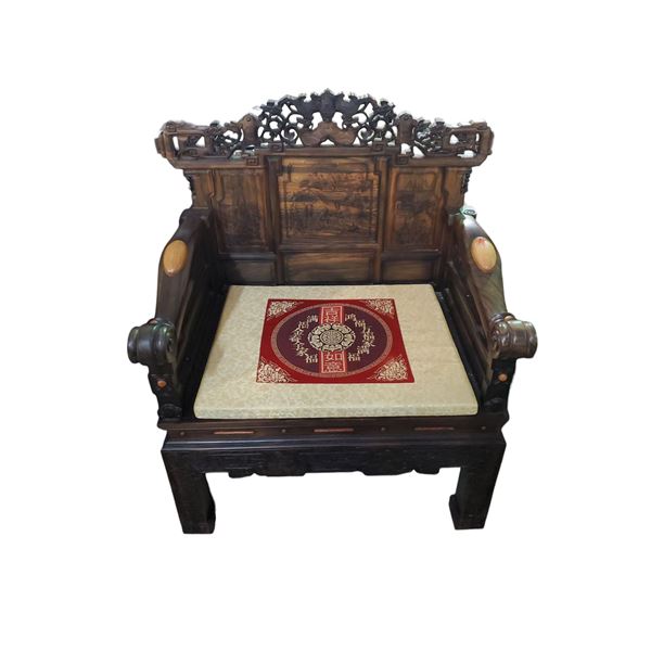 Chinese Hardwood “Landscape & Scholar” Armchair - Approx. H42" x W38.5" x D25.5"