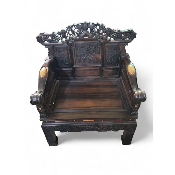 Chinese Hardwood “Landscape & Scholar” Armchair - Approx. H42" x W38.5" x D25.5"