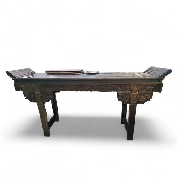 Chinese Hardwood Altar Table - with Upturned Ends and Shou & Cloud Motifs, W92"