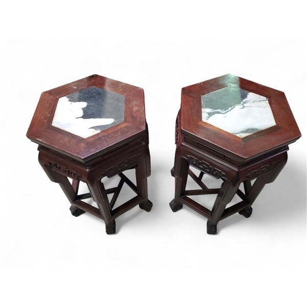 Pair of Chinese Hexagonal Hardwood Marble-Top Side Tables - Approx. H19.5" x W13" x 14.5" Each