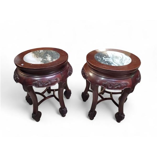 Pair of Chinese Round Hardwood Marble-Top Stands - Approx. H20" x Dia. 16" Each