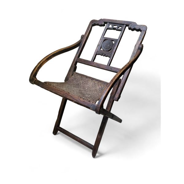 Chinese Hardwood Folding Horseshoe-Back Chair with Woven Seat - Approx. H27" x W17" x D24"