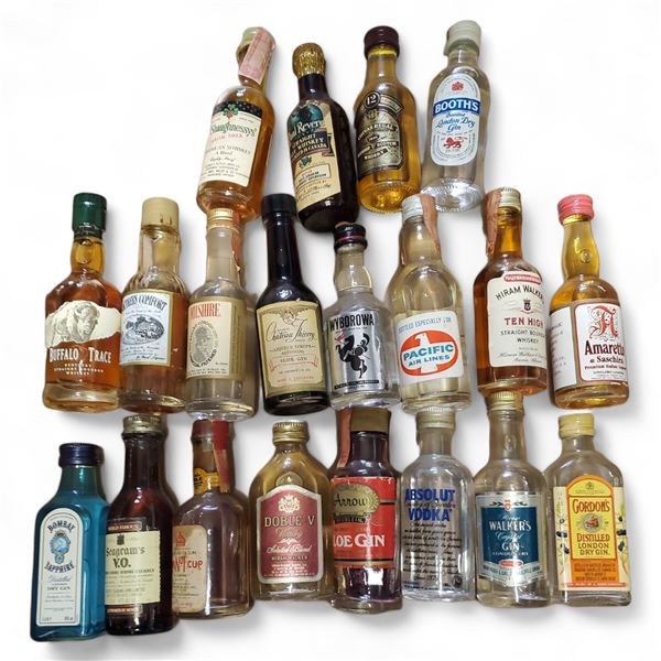 21 Vintage Glass Mini Liquor Bottles - Majority are sealed - some evaporation