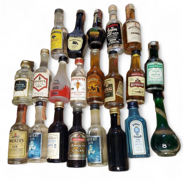 21 Vintage Glass Mini Liquor Bottles - Majority are sealed - some evaporation