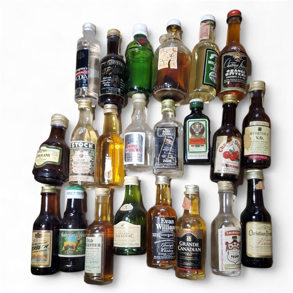 22 Vintage Glass Mini Liquor Bottles - Majority are sealed - some evaporation