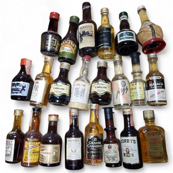 22 Vintage Glass Mini Liquor Bottles - Majority are sealed - some evaporation
