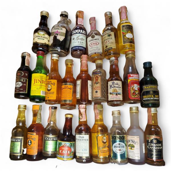 24 Vintage Glass Mini Liquor Bottles - Majority are sealed - some evaporation