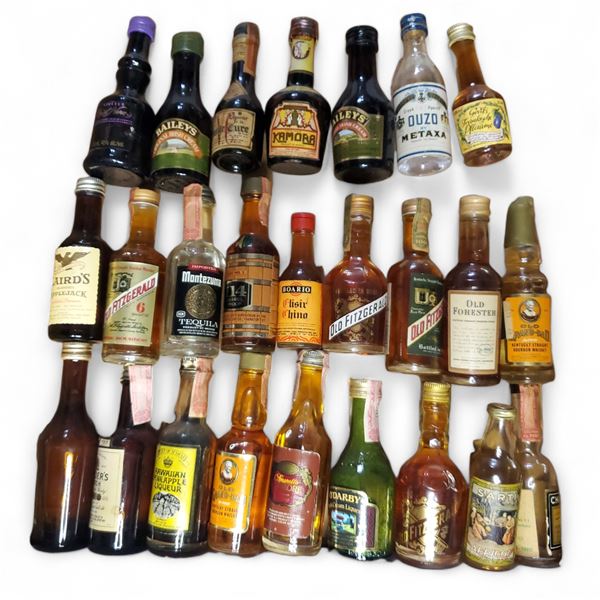 25 Vintage Glass Mini Liquor Bottles - Majority are sealed - some evaporation
