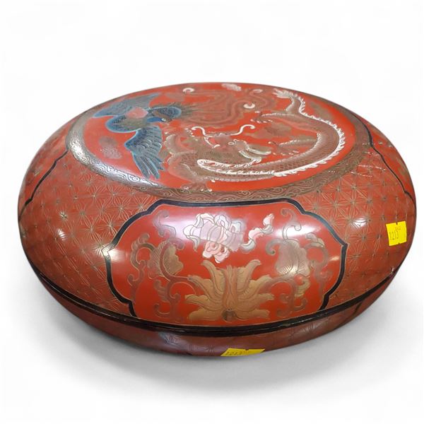 Chinese Red Lacquer Box with Dragon Motif, Dia 12"