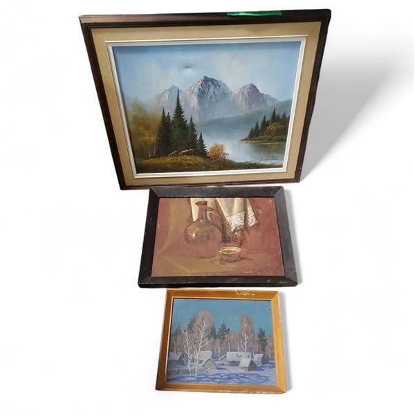 Group of 3 Framed Paintings - Mountain Landscape, Still Life, and Winter Village Scene, Various Size