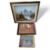 Image 1 : Group of 3 Framed Paintings - Mountain Landscape, Still Life, and Winter Village Scene, Various Size