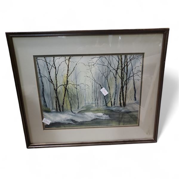 Verna J. Betker Watercolor Winter Forest Landscape, 1986, H18" x 22.5", Framed