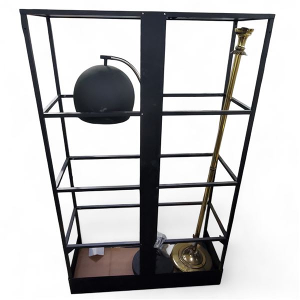 Black Metal Shelf H65" x 39" x 14" with 2 Assorted Floor Lamps, Approx. H58"/63"