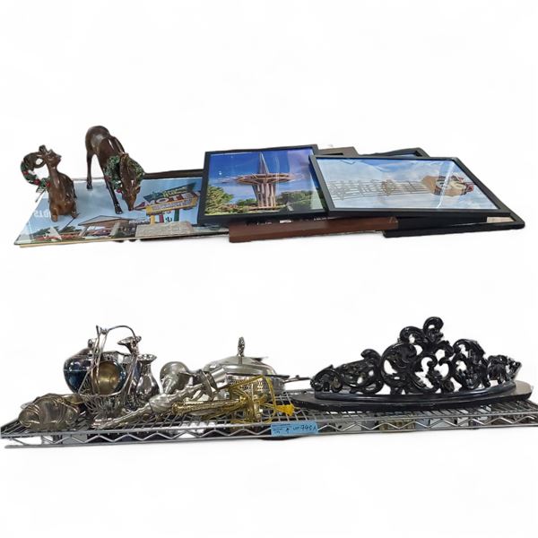 Shelf of Assorted Silverplate, Decorative Metal Items, and Framed Photos