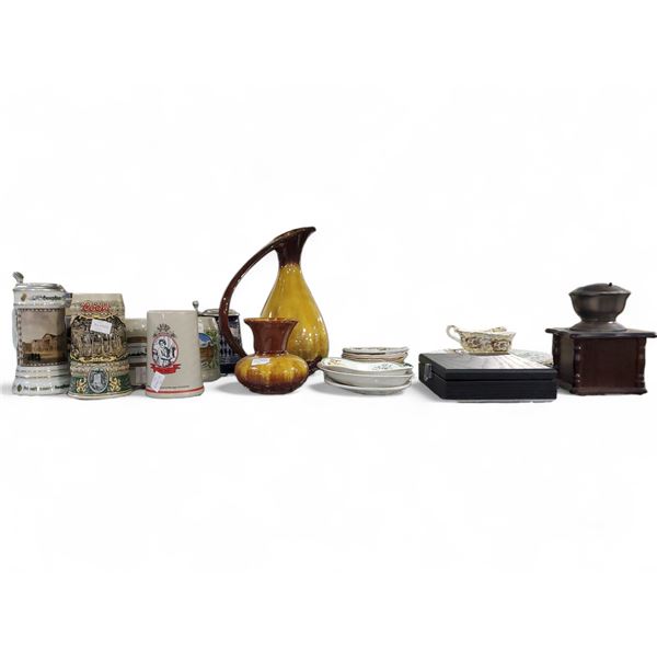 Shelf of Misc Collectibles - Ceramic Beer Steins, Art Glass Vases, and More