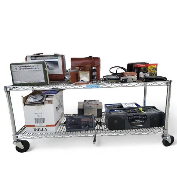 Shelf of Vintage Electronics and Cameras - Radios, Film Cameras, and More Accessories