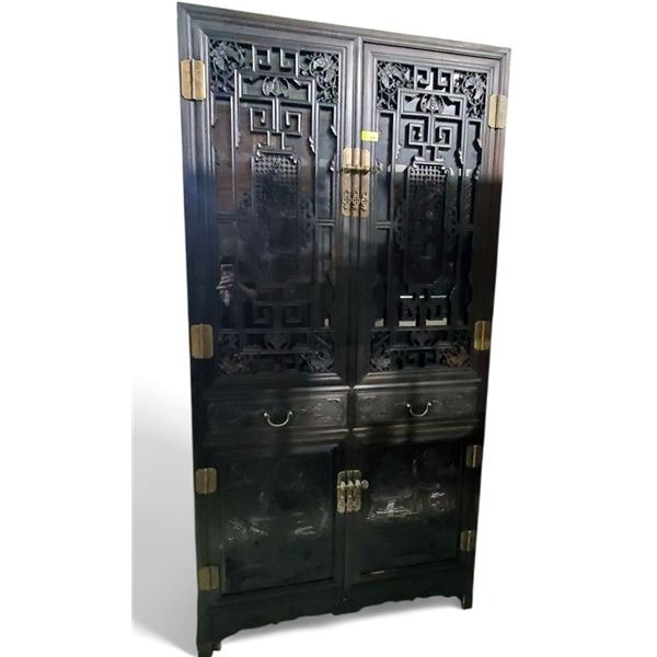 Chinese Qing-Style Carved Hardwood Cabinet, Approx. H78.5" x W40" x D15.5"