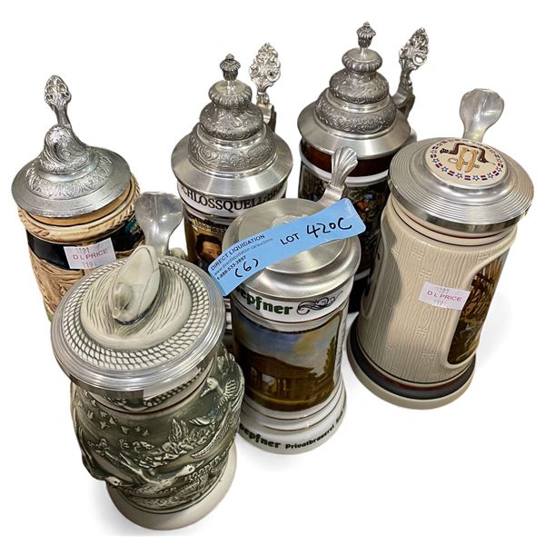 Group of 6 German Lidded Beer Steins - Various Designs