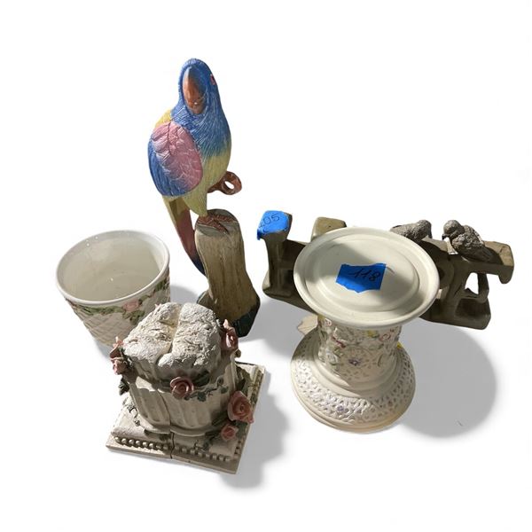 5 Decorative Home Accent Set - Floral Pedestals, Hand-Painted Bird Figurine, and More