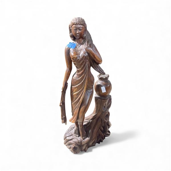 Wooden Hand‑Carved Woman Statue with Water Vessel - Approx. H28