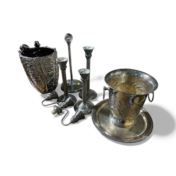 9 Pcs Silver-tone Metal Decor Includes Trays, Candle Holders, Ice Bucket and More