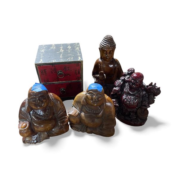 4 Asian Carved Buddha Figures and 1 Oriental Chest