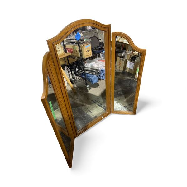 Vintage Triple-panle Wood Framed Mirror - Approx. H48" x W50"