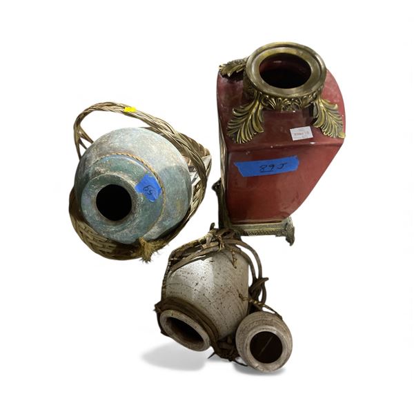 2 Rustic Pottery Jars and Red Ornate Vase