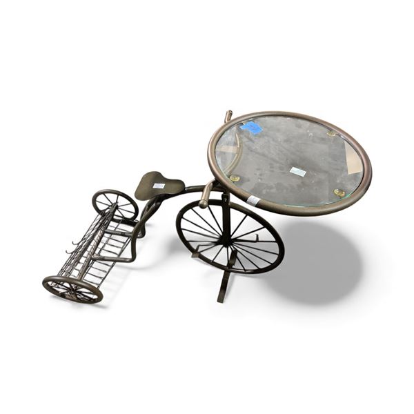 Rustic Tricycle End Table with Magazine Rack - Approx. H24" x L33"