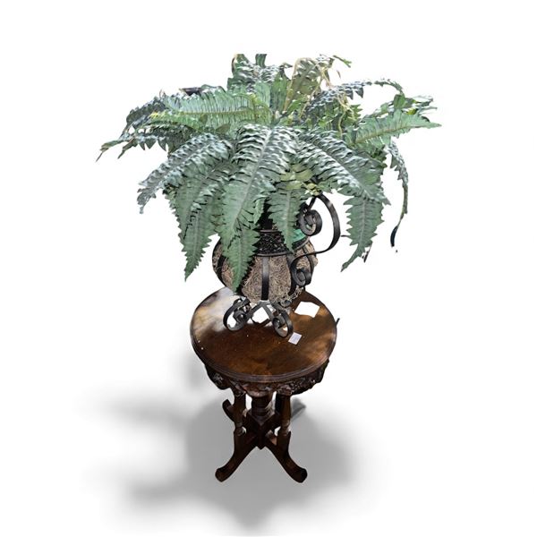 Vintage Wooden Pedestal Side Table (approx. H20" x 13") and Artificial Fern Plant