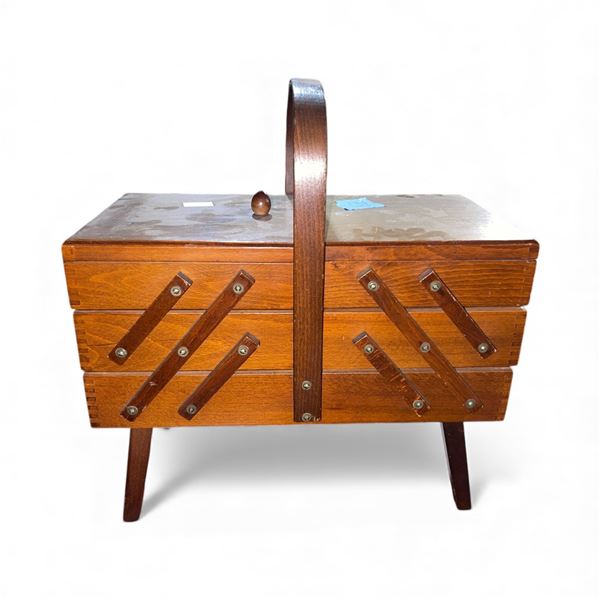 Vintage Large Wooden Accordion Sewing Box - Approx. H17" x W16" x D8"