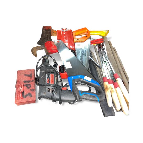 Mixed Hand & Power Tools: Skil Drill, Axes, Handsaws, Wood Files & Chisels