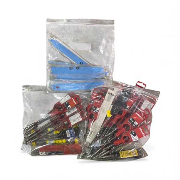 Large group of Hilti Drill Bits, ROK Hammer bits and Ruby Demolition Reciprocating Saw Blades