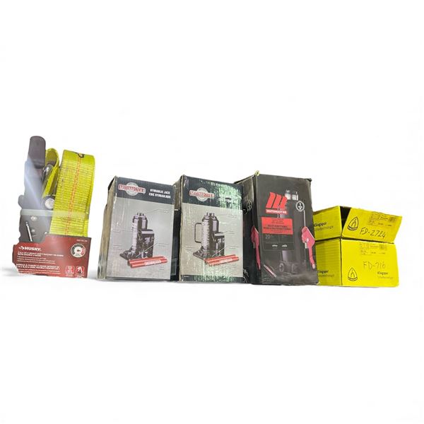 4 MotoMaster Hydraulic Bottle Jacks (various model), 2 Klingspor Abrasive Discs, and 2 Husky Heavy D