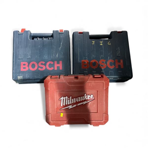 Bosch Jigsaw (1591EVS), Bosch Colt Palm Router (PR20EVS), and Milwaukee Rotary Hammer (5263-20)