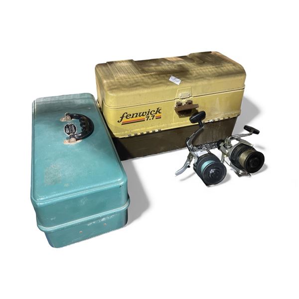 Group of Fishing Gear: Two Spinning Reels, Fenwick Tackle Box, and Vintage Toolbox