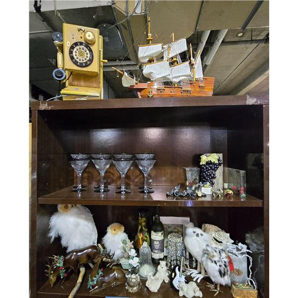 3 Shelves of Decor and Collectibles Includes Vintage Phone, Ship Model, Glassware, Owl Figurines, an