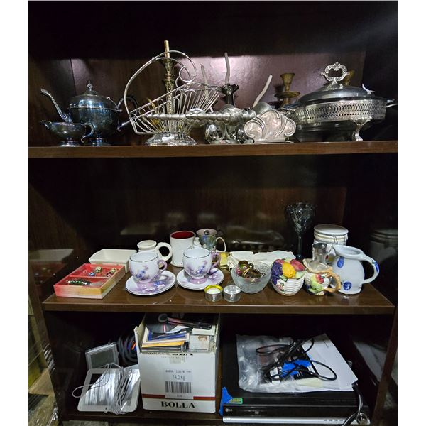3 Shelves of Mixed Items - Silver-Tone Serving Pieces, Dishware, LG DVD Player, CDs, and More