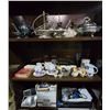 Image 1 : 3 Shelves of Mixed Items - Silver-Tone Serving Pieces, Dishware, LG DVD Player, CDs, and More
