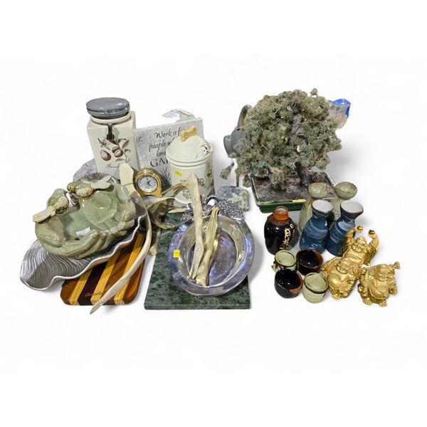 Assorted Decorative Items: Laughing Buddha Figurines, Japanese Ceramic Sake and Cups, Cookie Jars an