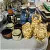 Image 2 : Assorted Decorative Items: Laughing Buddha Figurines, Japanese Ceramic Sake and Cups, Cookie Jars an