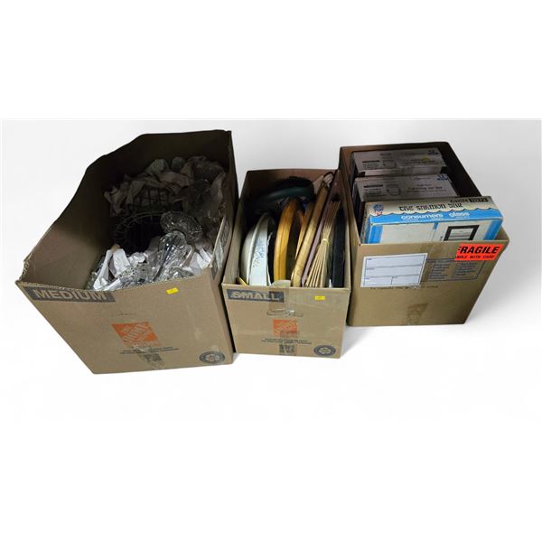 3 Boxes of Misc Household Items - Glass Pendant Light, Canning Jars, and Kitchenware Assortment