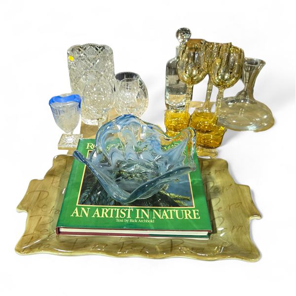 15 Pcs Assorted Glassware Items: Glass Bottle and Vase, Wine Glassware, and 2 Wood Picture Frames
