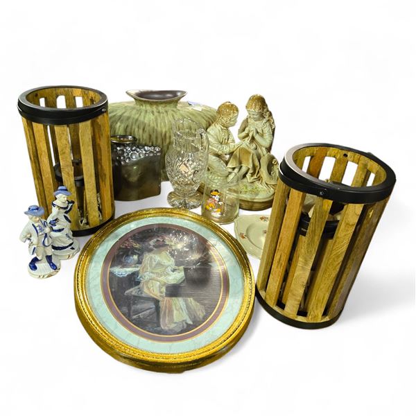 Assorted Home Dccor Items Includes Figurines, Vases, Framed Art, and Wooden Candle Holders