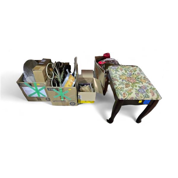 4 Boxes of Misc Household Items with Upholstered Footstool