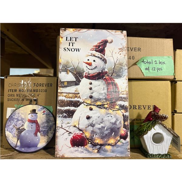 18 Pcs Bird House 3x4", 12 Pcs Snowman Wall Art 11x6", 12 Pcs Orn Metal Disc 4" Snowman w/Deer (Chri